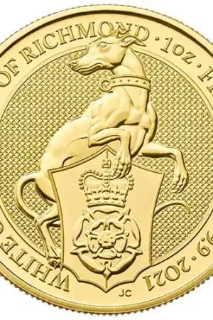 Wysoka jakość Queens Beasts #10 White Greyhound 1 troy ounce gouden munt 2021 - Goudverzekerd
