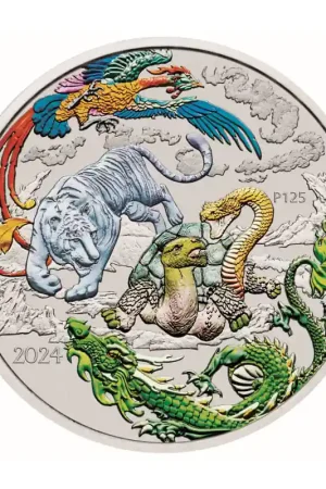 Chinese Myths & Legends: Four Guardians gekleurd 1 troy ounce zilveren munt 2024 - Goudverzekerd Autentyczny