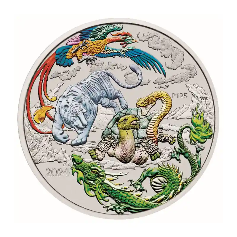 Chinese Myths & Legends: Four Guardians gekleurd 1 troy ounce zilveren munt 2024 - Goudverzekerd Autentyczny