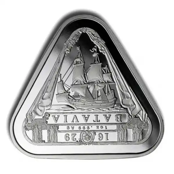 Batavia Triangular Vergulde Draeck 1 troy ounce zilveren munt 2019 - Goudverzekerd Wyprzedaż