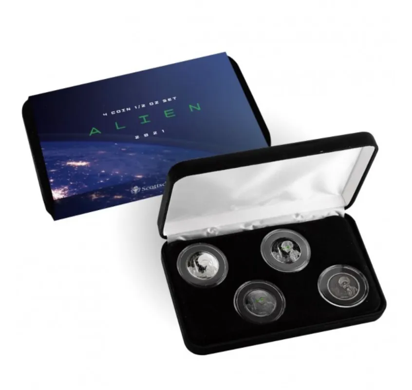 Ekspresowa dostawa Ghana Alien 4 x 1/2 troy ounce zilveren munt set 2021 - Goudverzekerd