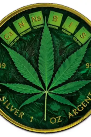 Cannabis Maple Leaf 1 troy ounce zilveren munt goud gekleurd 2021 - Goudverzekerd Premium