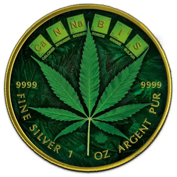 Cannabis Maple Leaf 1 troy ounce zilveren munt goud gekleurd 2021 - Goudverzekerd Premium