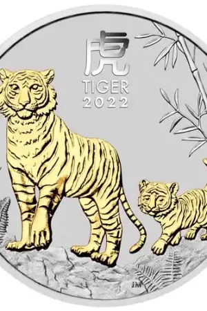 Lunar Series III Tiger 1 troy ounce zilveren munt goud gekleurd 2022 - Goudverzekerd Nowość