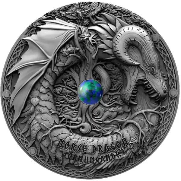 Niue Norse Dragon Azurite High Relief 2 Troy Ounce zilveren munt 2019 - Goudverzekerd Rabat