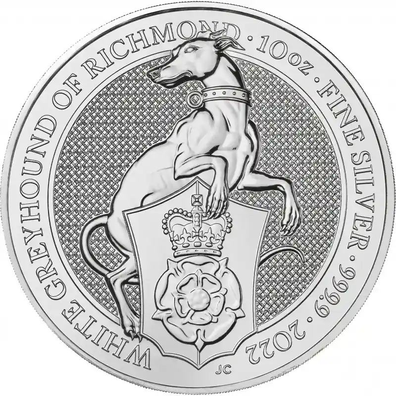 Niska cena Queens Beasts White Greyhound 10 troy ounce zilveren munt 2022 - Goudverzekerd