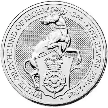 Queens Beasts White Greyhound 2 troy ounce zilveren munt 2021 - Goudverzekerd Kup teraz