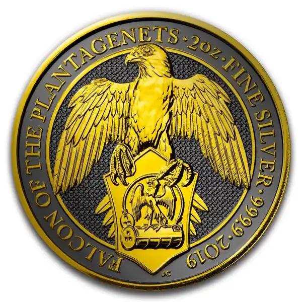 Queens Beast Falcon Black Ruthenium Gold Shadows 2 troy ounce zilveren munt 2019 - Goudverzekerd Promocja