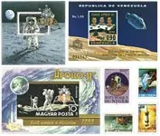 Apollo 11 - 4 verschillende postzegels en 3 souvenirvelletjes - Postfris Zwrot pieniędzy