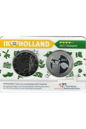 Rabat Nederland 2017 2 Euro Holland Coin Fair in coincard met ZILVEREN penning Thema Klompen Zeldzaam.