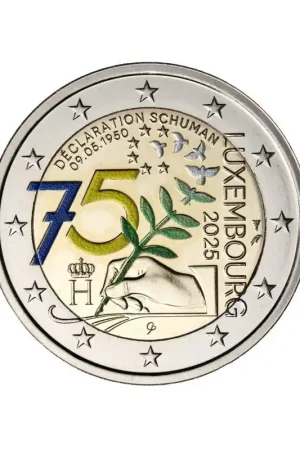 2 Euro Luxemburg 2025 '75 Jr. Schumanverklaring' Unc gekleurd met muntteken Bezpieczna płatność