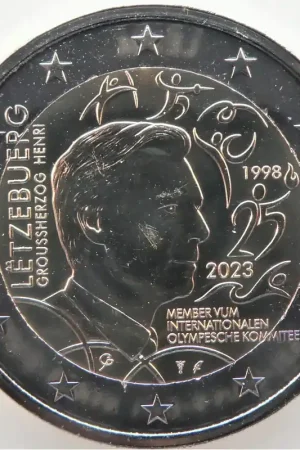 Oryginalny 2 Euro Luxemburg 2023 '25 Jaar lid Olympisch Comité' met muntteken Raaf Unc