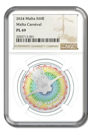 Oferta limitowana Malta 10 Euro 2024 ‘Malta Carnaval’ Zilver Prooflike PL69