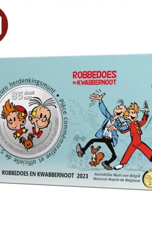 Belgie 5 euromunt 2023 85 jaar Robbedoes Kwabbernoot kleur BU in coincard Zamów teraz
