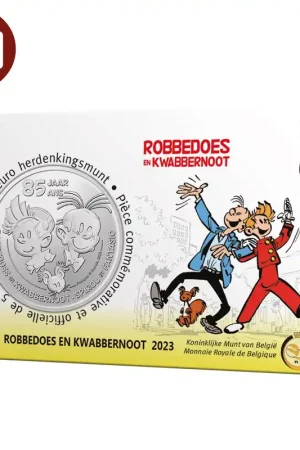 Belgie 5 euromunt 2023 85 jaar Robbedoes Kwabbernoot relief BU in coincard Najlepsza cena