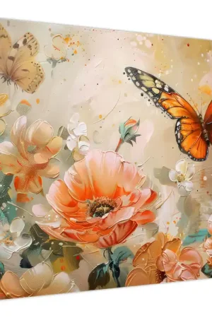 Schilderij - Vlinder en bloemen, olieverfschilderij Tylko dziś