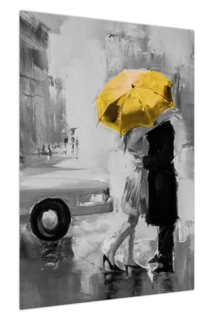 Schilderij - Verliefd stel onder een paraplu, geel Darmowa dostawa