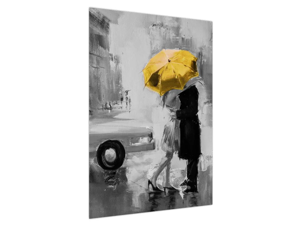 Schilderij - Verliefd stel onder een paraplu, geel Darmowa dostawa