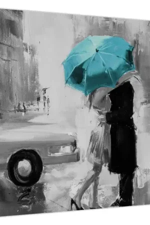 Bezpieczna płatność Schilderij - Verliefd stel met paraplu, blauw