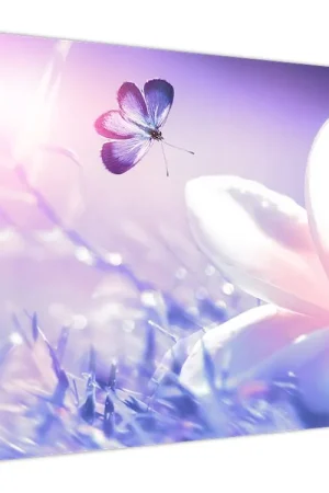 Schilderij - Vlinder nadert een bloem Premium