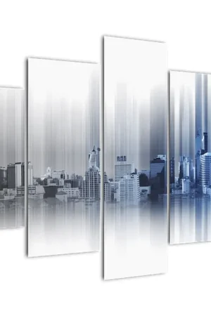 Autentyczny Schilderij - Stadspanorama, blauw en grijs