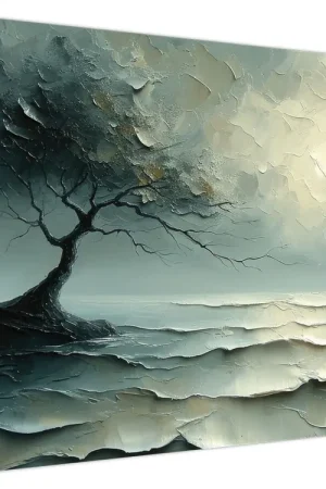 Schilderij - Olieverfschilderij van een boom met de oceaan Kup teraz