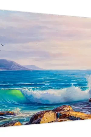 Autentyczny Schilderij - Golven botsen tegen rotsklippen