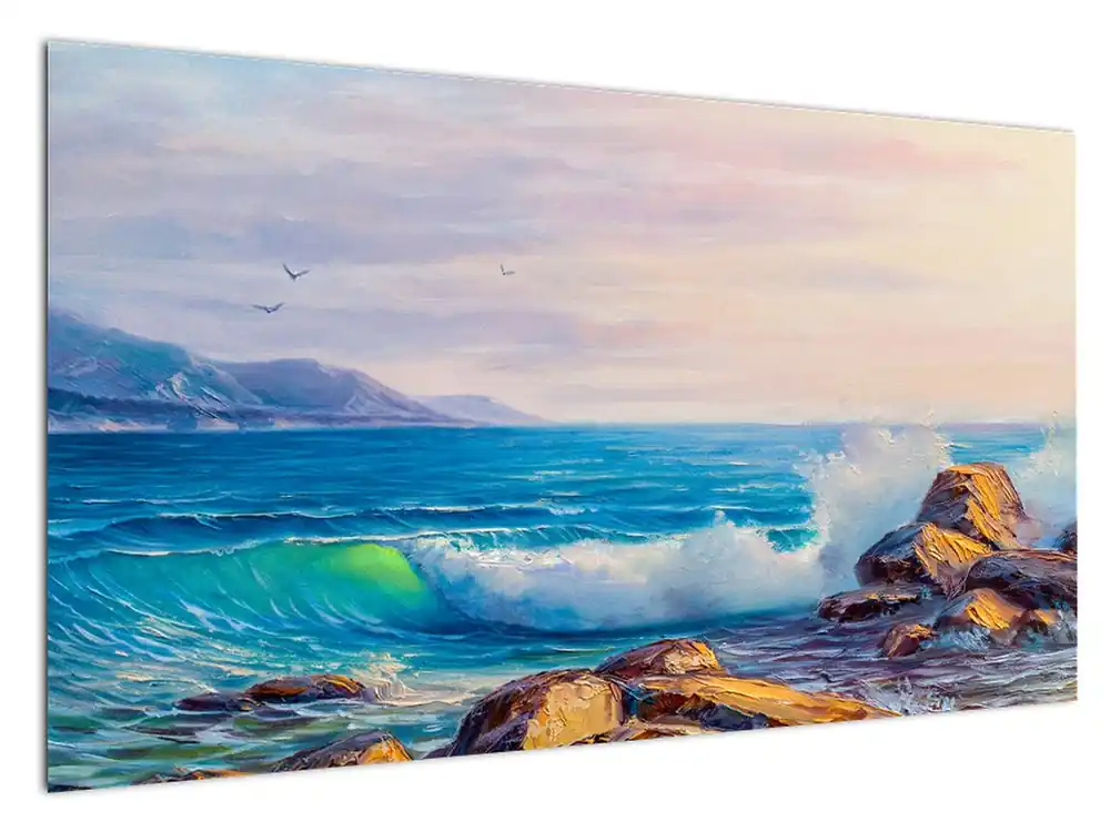 Autentyczny Schilderij - Golven botsen tegen rotsklippen