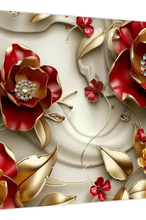 Schilderij - 3D rood-gouden bloemen Tani
