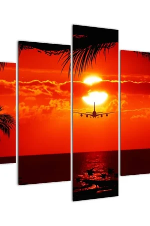 Schilderij - Zonsondergang en vliegtuig Oferta