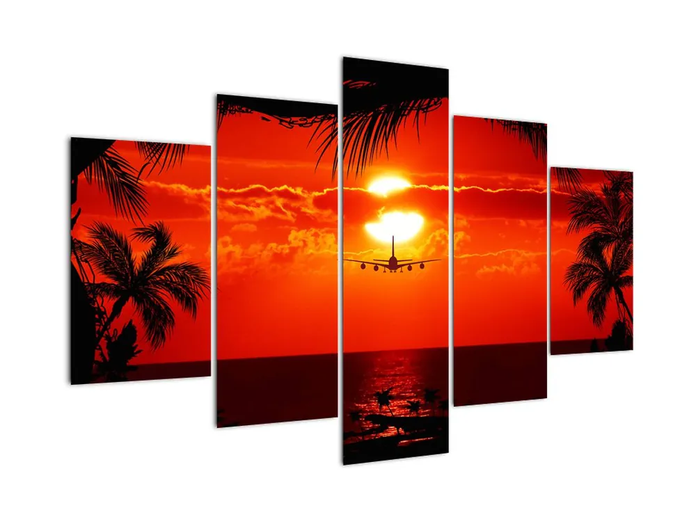 Schilderij - Zonsondergang en vliegtuig Oferta