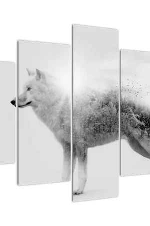 Niska cena Schilderij - Poolwolf weerspiegelt wild landschap, zwart-wit