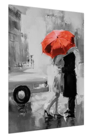Schilderij - Verliefd stel onder een paraplu, rood Szybka dostawa