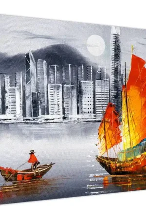 Schilderij - Victoria Harbor, Hong Kong, zwart-witte olieverfschilderij Wyprzedaż