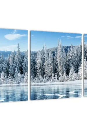 Premium Schilderij - Dichtgevroren meer en besneeuwde huizen