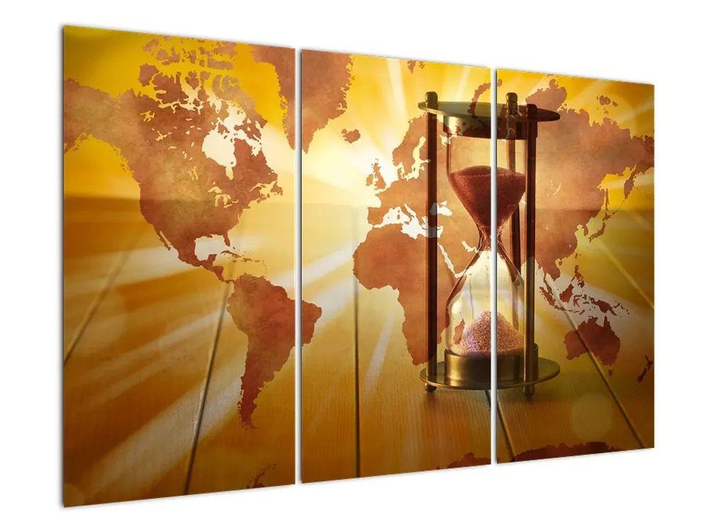 Schilderij - Wereldkaart met een zandloper Promocja