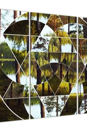 Schilderij - Geometrische collage met noordse bossen als achtergrond Rabat