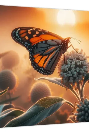 Schilderij – Vlinder in de ondergaande zon Popularny