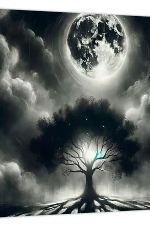 Kup teraz Schilderij – Zwart-witte boom bij volle maan