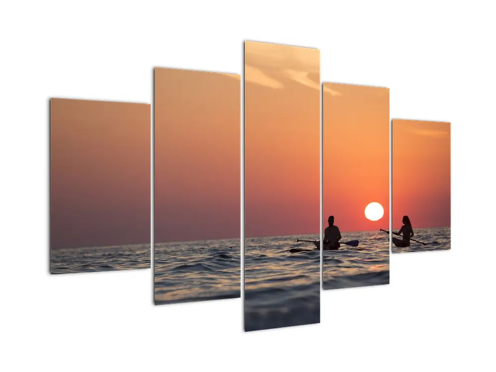 Oryginalny Schilderij - Kanovaarders bij zonsondergang