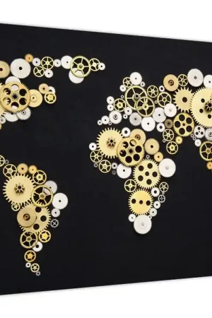 Zwrot pieniędzy Schilderij - Wereldkaart van radertjes en tandwielen