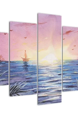 Nowość Schilderij - Zonsondergang boven het water, aquarel