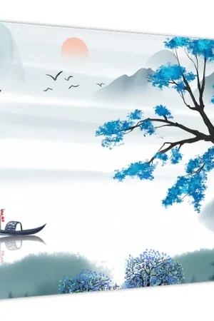 Schilderij - Geschilderd meer met bootje Wyprzedaż