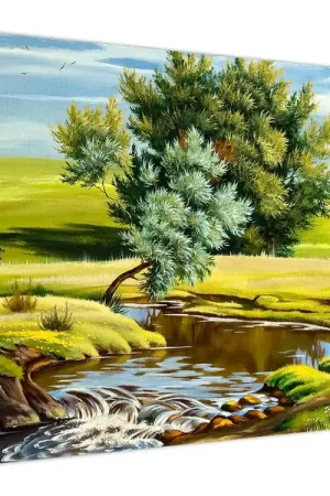 Schilderij - Rivier tussen weilanden, olieverfschilderij Premium
