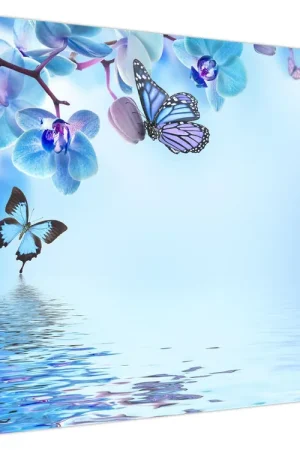 Schilderij - Vlinder op orchideeënbloemen, blauw Zwrot pieniędzy