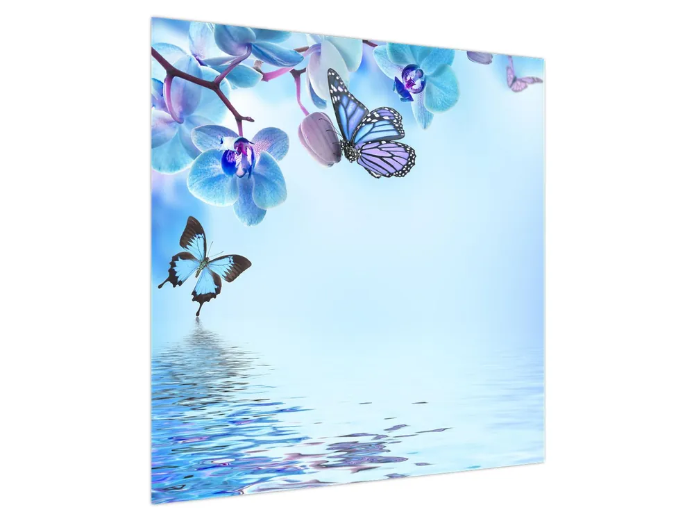Schilderij - Vlinder op orchideeënbloemen, blauw Zwrot pieniędzy