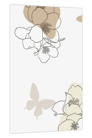Oryginalny Schilderij - Beige bloemen met vlinder N⁰2