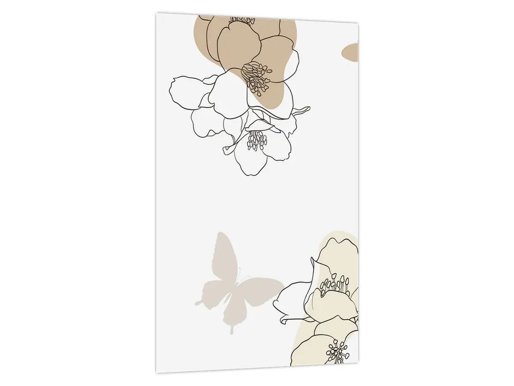 Oryginalny Schilderij - Beige bloemen met vlinder N⁰2