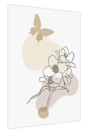 Oferta Schilderij - Beige bloemen met vlinder N⁰3