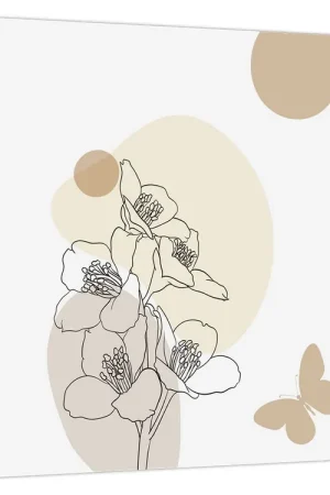 Schilderij - Beige bloemen met vlinder N⁰4 Autentyczny